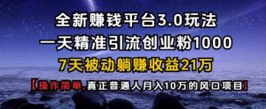 全新赚钱平台3.0玩法一天精准引流创业粉1000.7天被动躺Z收益21W【仅揭秘】-KF云创