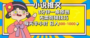 小说推文6.0，简单无脑，3分钟一个原创作品，每天半小时，日入300-1000...-KF云创