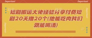 短剧搬运大佬经验分享付费短剧20天撸20个(他能吃肉我们就能喝汤)-KF云创
