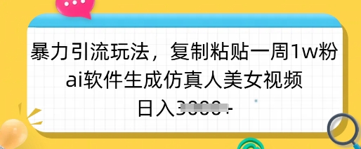 暴力引流玩法，复制粘贴一周1w粉，ai软件生成仿真人美女视频，日入多张-KF云创