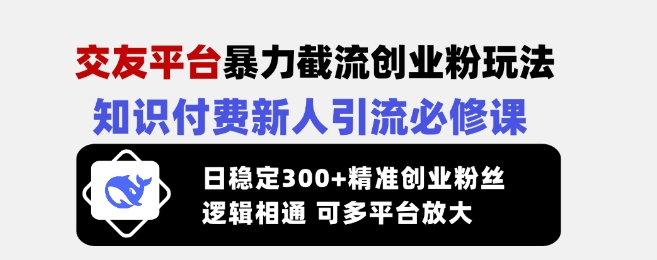 交友平台暴力截流创业粉玩法，知识付费新人引流必修课，日稳定300+精准创业粉丝，逻辑相通可多平台放大-KF云创