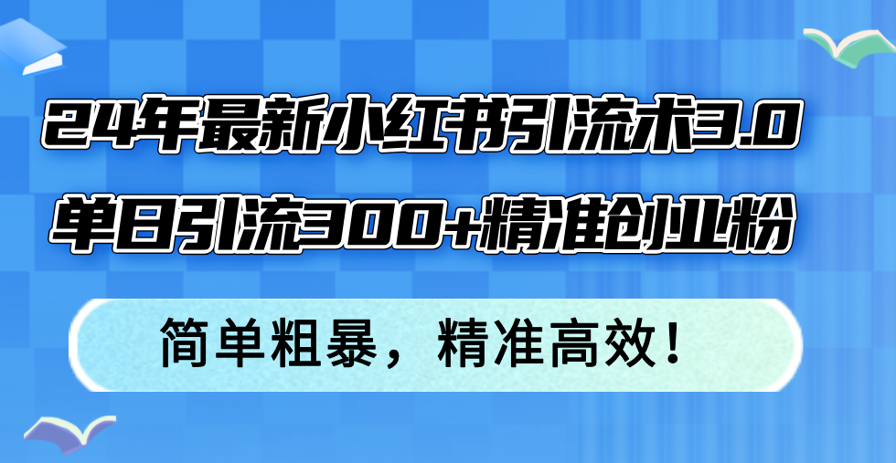 24年最新小红书引流术3.0，单日引流300+精准创业粉，简单粗暴，精准高效！-KF云创