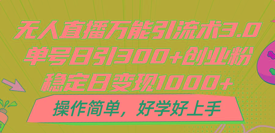 无人直播万能引流术3.0，单号日引300+创业粉，稳定日变现1000+，操作简单-KF云创