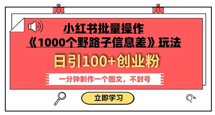 小红书批量操作《1000个野路子信息差》玩法，一分钟制作一个图文，不封号，日引100+创业粉-KF云创