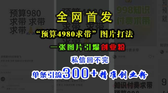 小红书“预算4980带我飞”图片打法，一张图片引爆创业粉，私信回不完，单条引流300+精准创业粉-KF云创