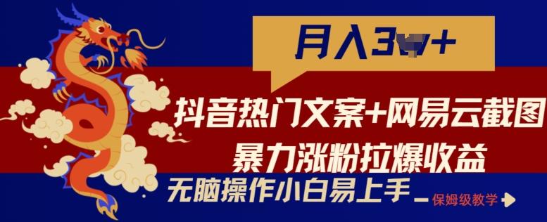 抖音热门文案+网易云截图暴力涨粉拉爆收益玩法，小白无脑操作，简单易上手【揭秘】-KF云创