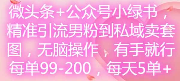 微头条+公众号小绿书，精准引流男粉到私域卖套图，无脑操作，有手就行，每单99-200，每天5单-KF云创