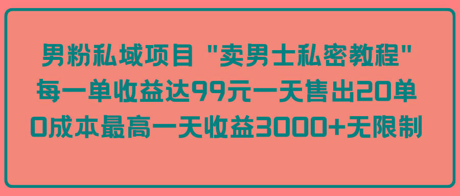 (9730期)男粉私域项目 “卖男士私密教程” 每一单收益达99元一天售出20单-KF云创